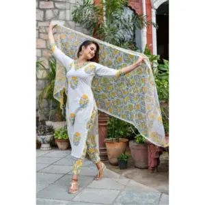 Women's Cotton Blend Printed Work Kurti With Bottom And Dupatta Set (Yellow)