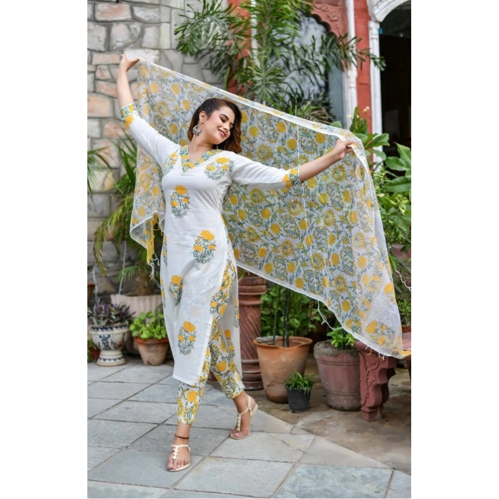 Women's Cotton Blend Printed Work Kurti With Bottom And Dupatta Set (Yellow)