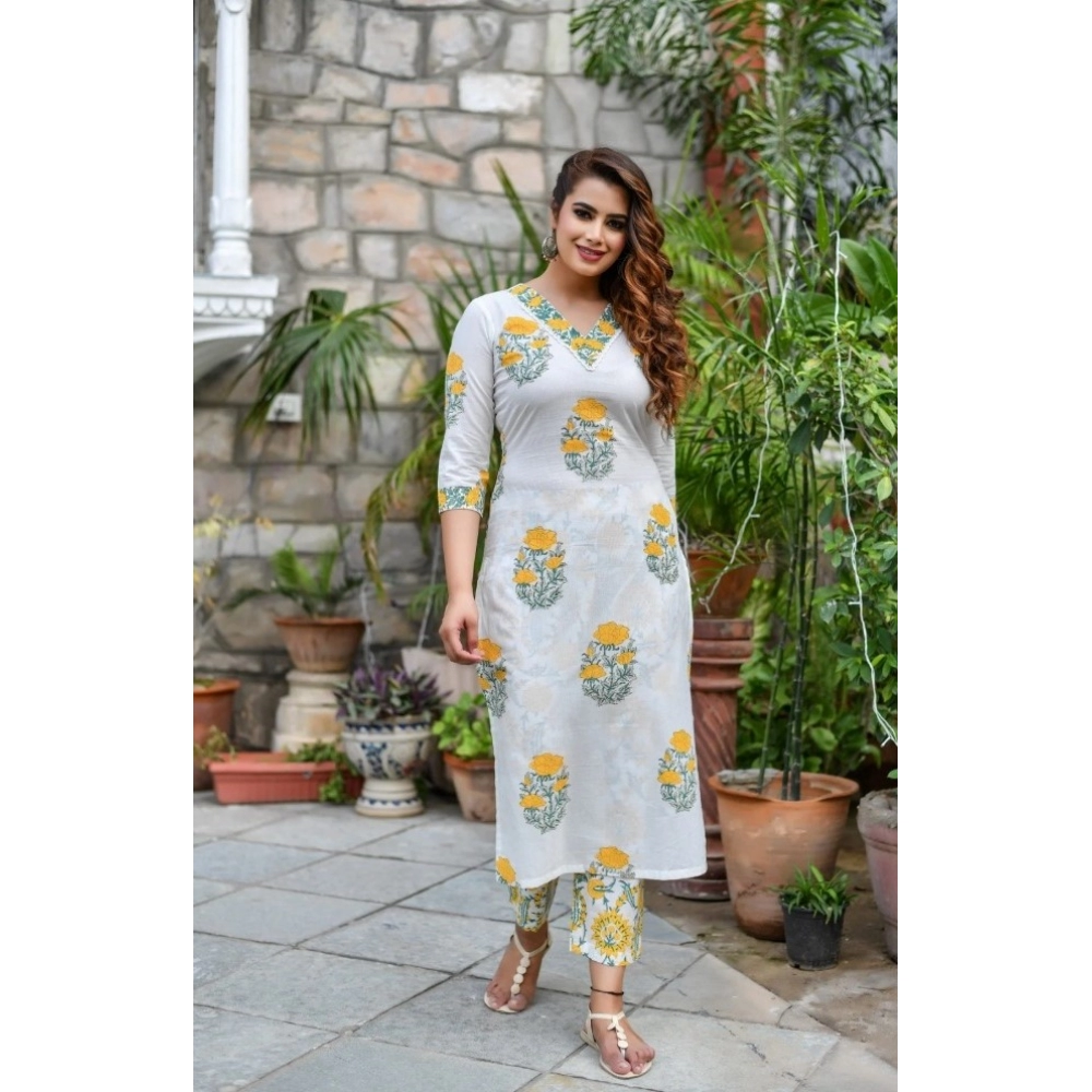 Women's Cotton Blend Printed Work Kurti With Bottom And Dupatta Set (Yellow) - Image 4