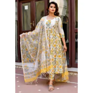 Women's Cotton Blend Printed Work Kurti With Bottom And Dupatta Set (Yellow)