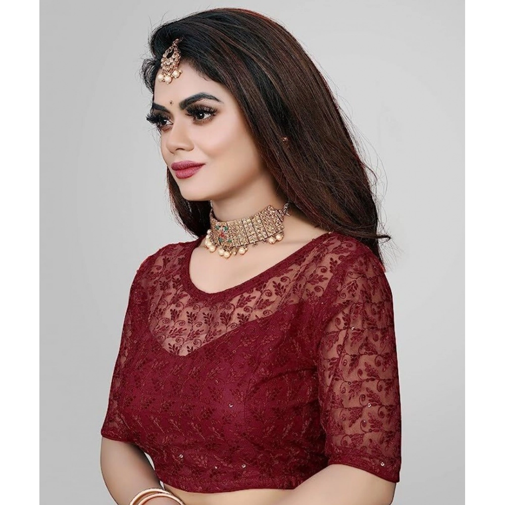 Women's Half Sleeve Net Readymade Blouse (Maroon, Free Size: Up To 34 Inch) - Image 2