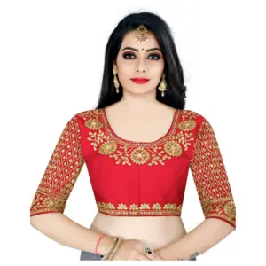 Women's Half Sleeve Ultra satin Readymade Blouse (Red, Free Size: Up To 34 Inch)