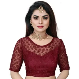 Women's Half Sleeve Net Readymade Blouse (Maroon, Free Size: Up To 34 Inch)