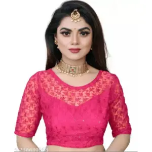 Women's Half Sleeve Net Readymade Blouse (Pink, Free Size: Up To 34 Inch)