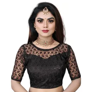Women's Half Sleeve Net Readymade Blouse (Black, Free Size: Up To 34 Inch)