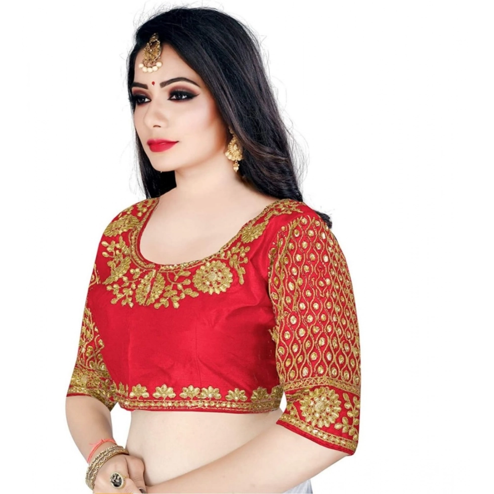 Women's Half Sleeve Ultra satin Readymade Blouse (Red, Free Size: Up To 34 Inch) - Image 3