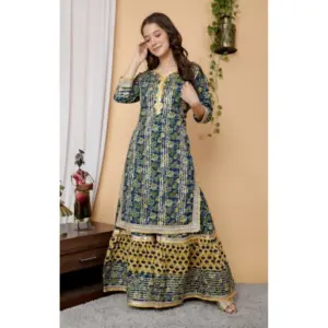 Women's Full Gota Work Cotton Kurti And Sharara With Dupatta Set (Multi Color)