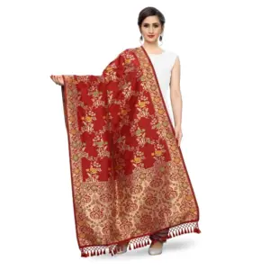 Women's Silk Pure Zari weaving Duppatta (Maroon, Length: 2-2.3 Mtrs)
