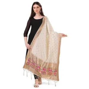 Women's Silk Pure Zari weaving Duppatta (White, Length: 2-2.3 Mtrs)