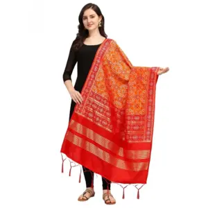 Women's Silk Pure weaving Work Duppatta (Orange, Length: 2-2.3 Mtrs)