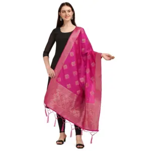 Women's Silk Pure Zari weaving Duppatta (Pink, Length: 2-2.3 Mtrs)
