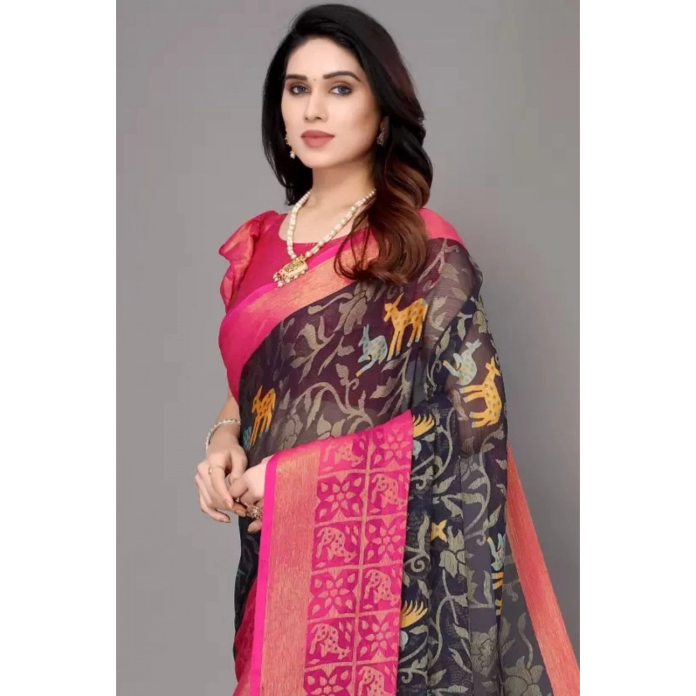 Women's Viscose Rayon Printed Saree With Unstitched Blouse (Navy Blue) - Image 2