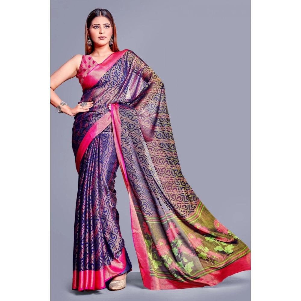 Women's Viscose Rayon Printed Saree With Unstitched Blouse (Navy Blue) - Image 4