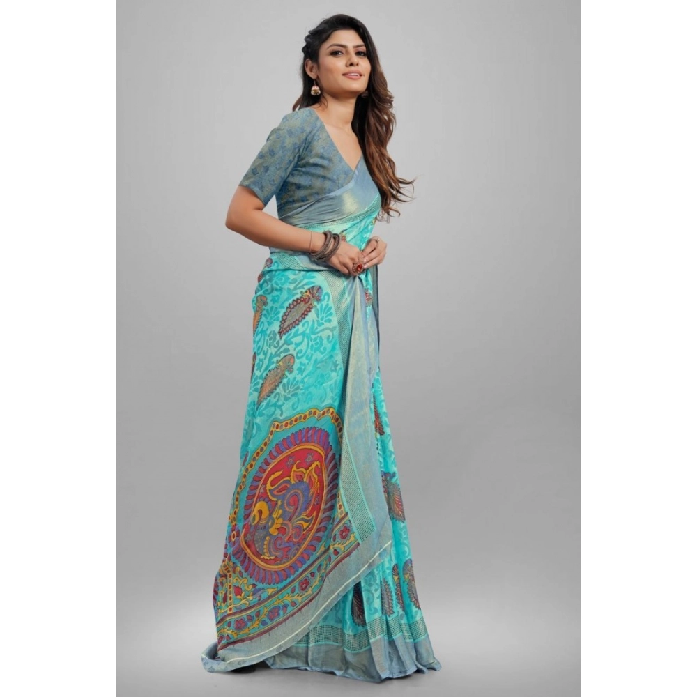 Women's Viscose Rayon Printed Saree With Unstitched Blouse (Sky Blue) - Image 4