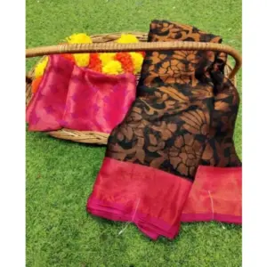 Women's Viscose Rayon Printed Saree With Unstitched Blouse (Black Pink)
