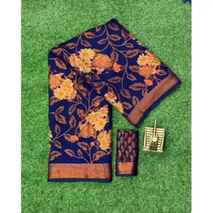 Women's Viscose Rayon Printed Saree With Unstitched Blouse (Navyblue)