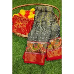 Women's Viscose Rayon Printed Saree With Unstitched Blouse (Grey)