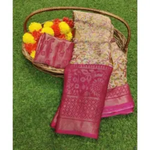 Women's Viscose Rayon Printed Saree With Unstitched Blouse (Pink)