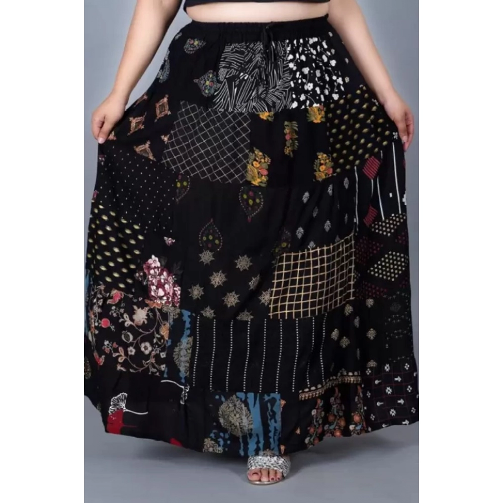Women's Rayon Printed Elastic Skirt (Black, Free Size) - Image 2