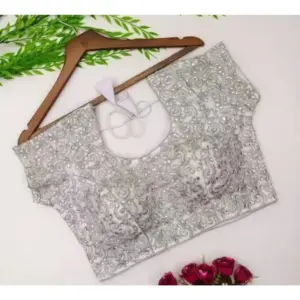 Women's?Silk Embroidered Padded Cup Readymade Blouse (Silver, Size: Free Size)
