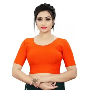Women's?Cotton Lycra Blend Solid Non Padded Readymade Blouse (Orange, Size: Free Size)