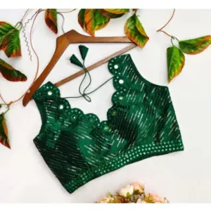 Women's?Cotton Silk Embellished Padded Cup Readymade Blouse (Green, Size: Free Size)