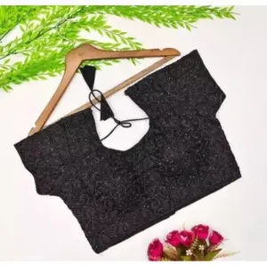 Women's?Silk Embroidered Padded Cup Readymade Blouse (Black, Size: Free Size)