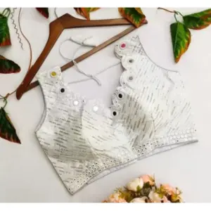 Women's?Cotton Silk Embellished Padded Cup Readymade Blouse (White, Size: Free Size)