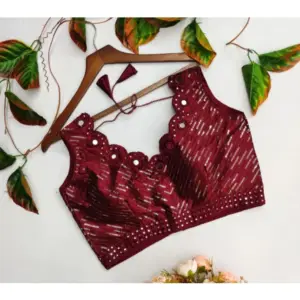 Women's?Cotton Silk Embellished Padded Cup Readymade Blouse (Maroon, Size: Free Size)