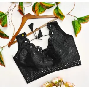 Women's?Cotton Silk Embellished Padded Cup Readymade Blouse (Black, Size: Free Size)