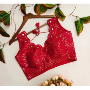 Women's?Cotton Silk Embellished Padded Cup Readymade Blouse (Red, Size: Free Size)