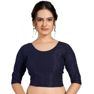 Women's?Cotton Lycra Blend Solid Non Padded Readymade Blouse (Navy Blue, Size: Free Size)