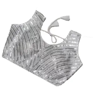 Women's?Cotton Silk Embellished Padded Cup Readymade Blouse (Silver, Size: Free Size)
