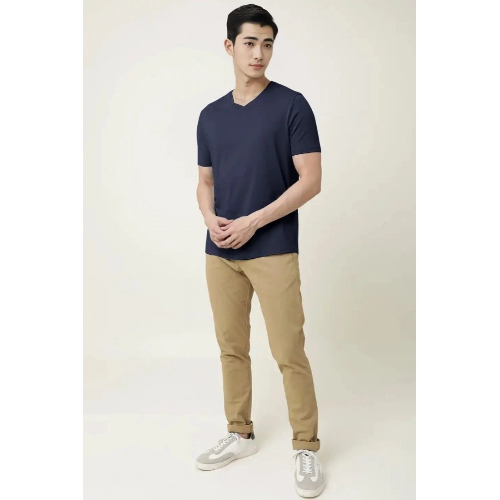 Men's?Casual Half sleeve Solid?Cotton V Neck T-shirt (Navy) - Image 5