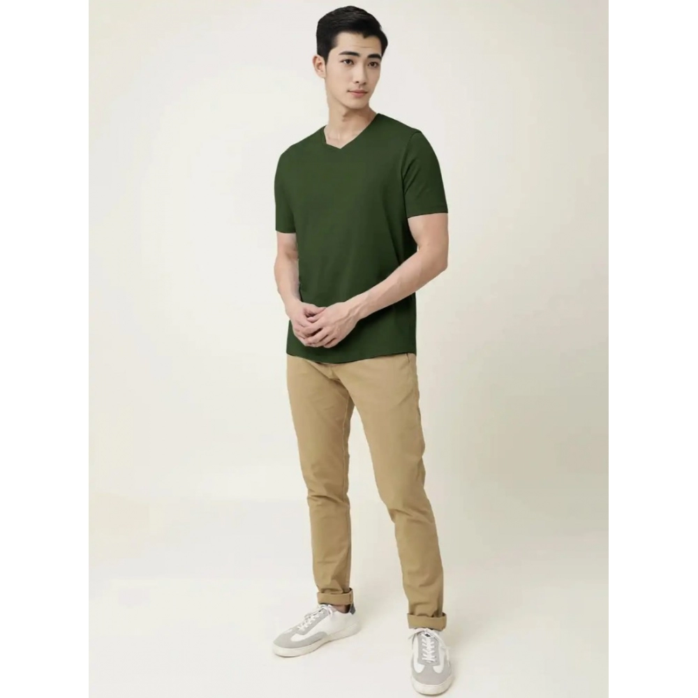 Men's?Casual Half sleeve Solid?Cotton V Neck T-shirt (Olive) - Image 4