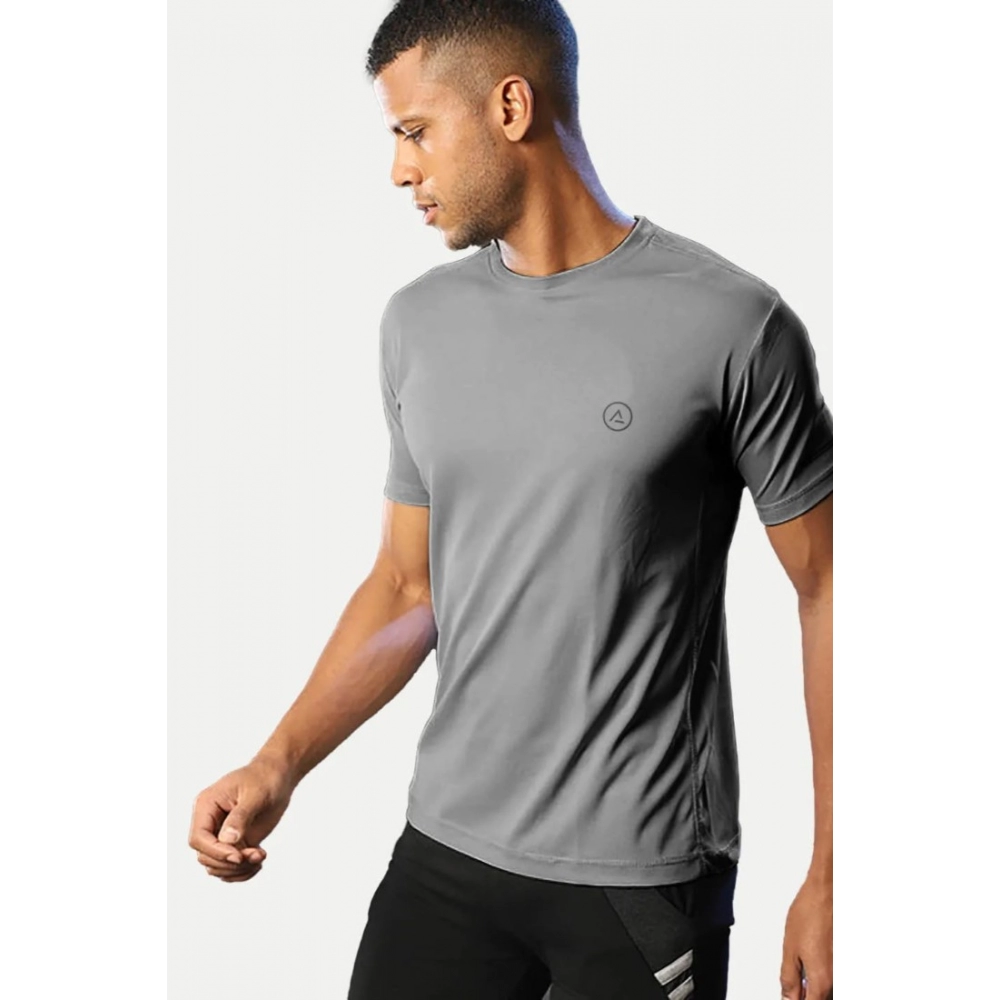 Men's Casual Half sleeve Solid Polyester Crew Neck T-shirt (Grey) - Image 6