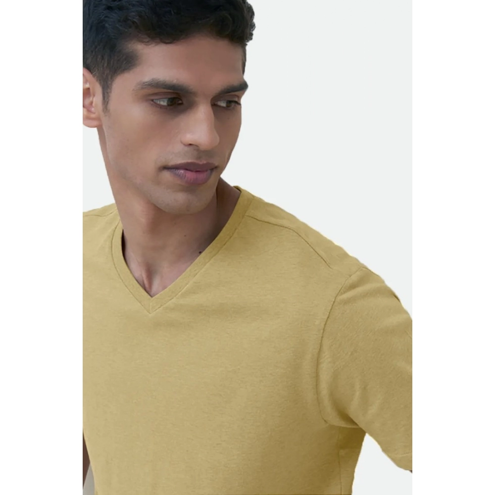 Men's?Casual Half sleeve Solid?Cotton V Neck T-shirt (Sand) - Image 3