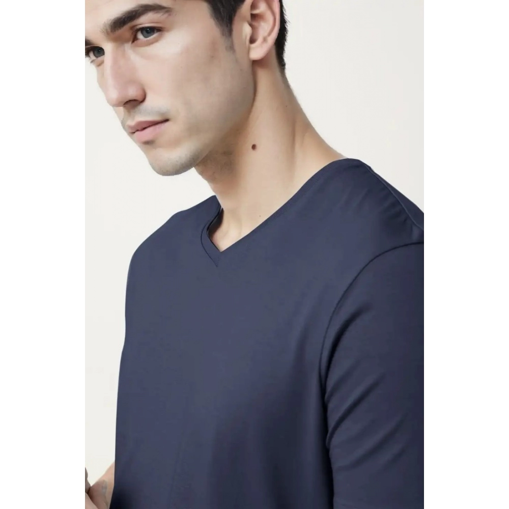 Men's?Casual Half sleeve Solid?Cotton V Neck T-shirt (Navy) - Image 3