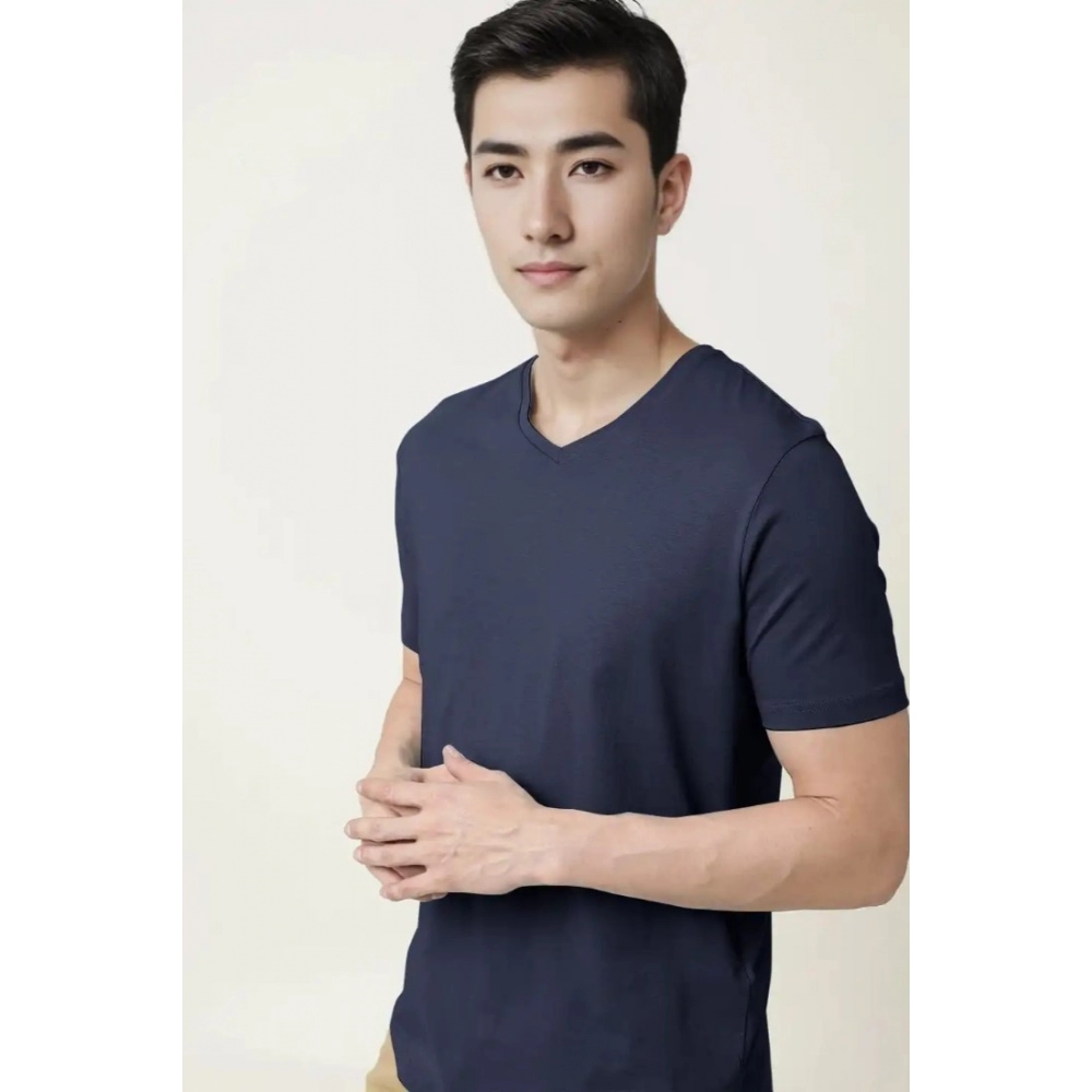 Men's?Casual Half sleeve Solid?Cotton V Neck T-shirt (Navy) - Image 7