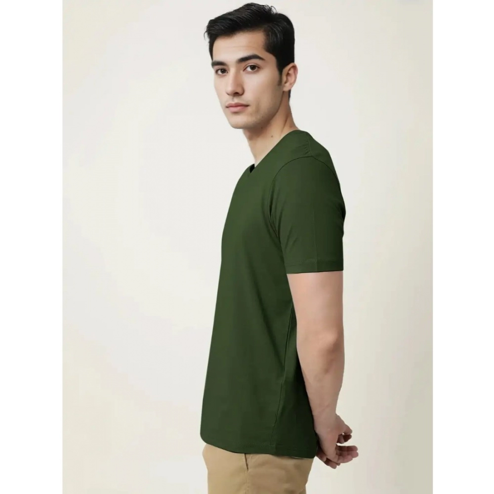 Men's?Casual Half sleeve Solid?Cotton V Neck T-shirt (Olive) - Image 3