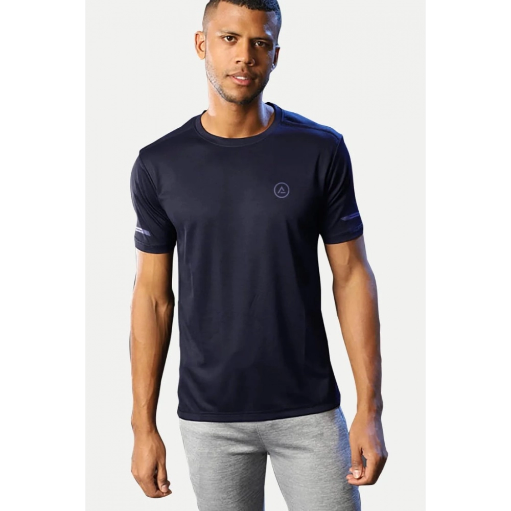 Men's Casual Half sleeve Solid Polyester Crew Neck T-shirt (Navy) - Image 3