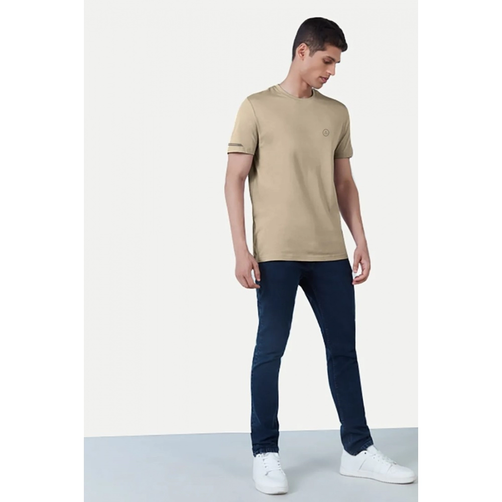 Men's Casual Half sleeve Solid Polyester Crew Neck T-shirt (Beige) - Image 3