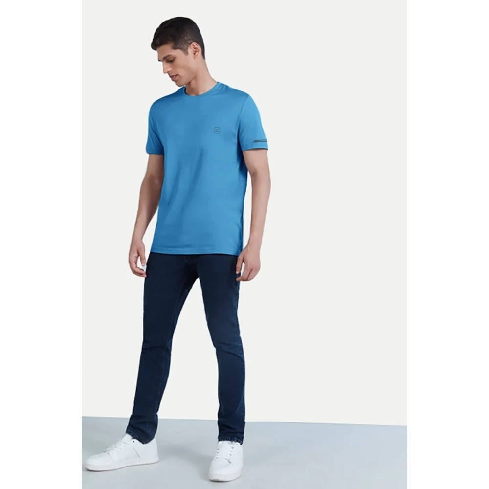 Men's Casual Half sleeve Solid Polyester Crew Neck T-shirt (Light Blue) - Image 5