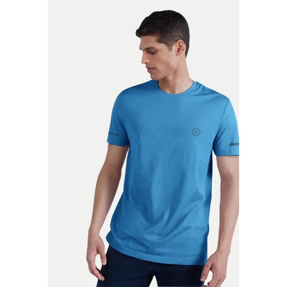 Men's Casual Half sleeve Solid Polyester Crew Neck T-shirt (Light Blue) - Image 3