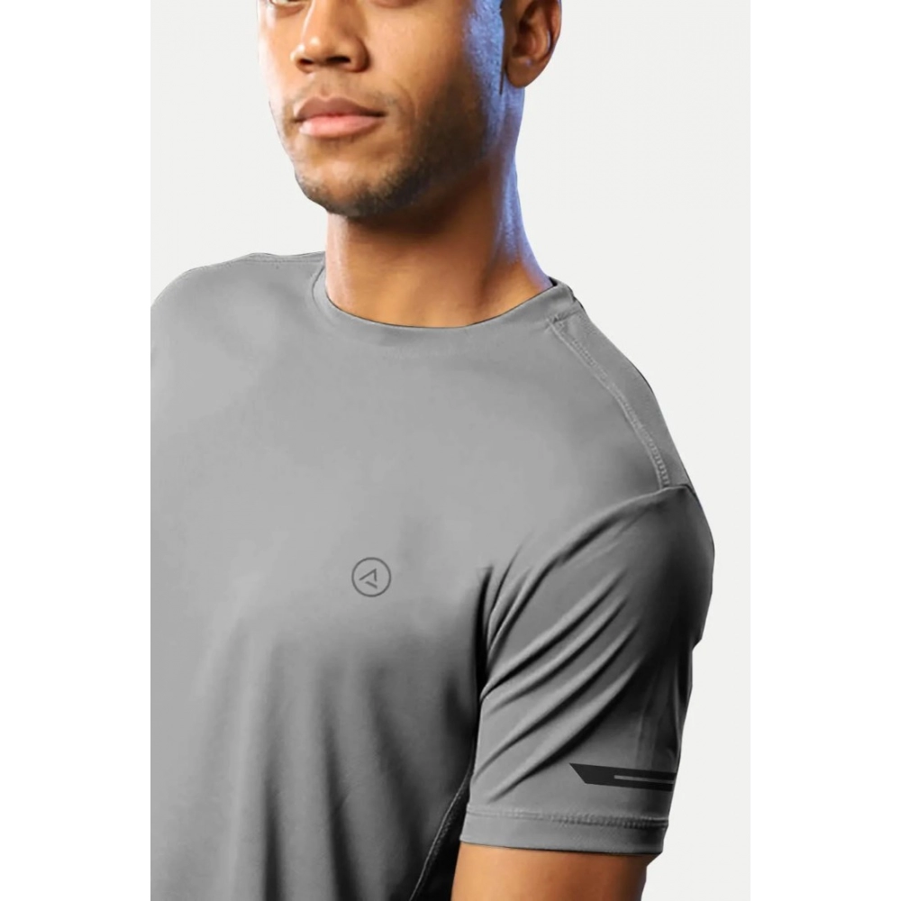 Men's Casual Half sleeve Solid Polyester Crew Neck T-shirt (Grey) - Image 4
