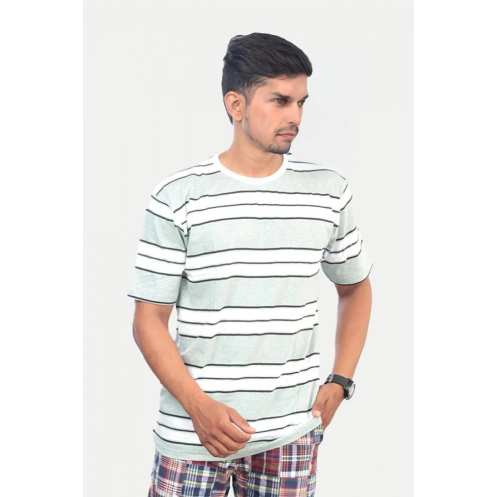 Men's?Casual Half sleeve Stripped Cotton Crew Neck T-shirt (White?) - Image 3
