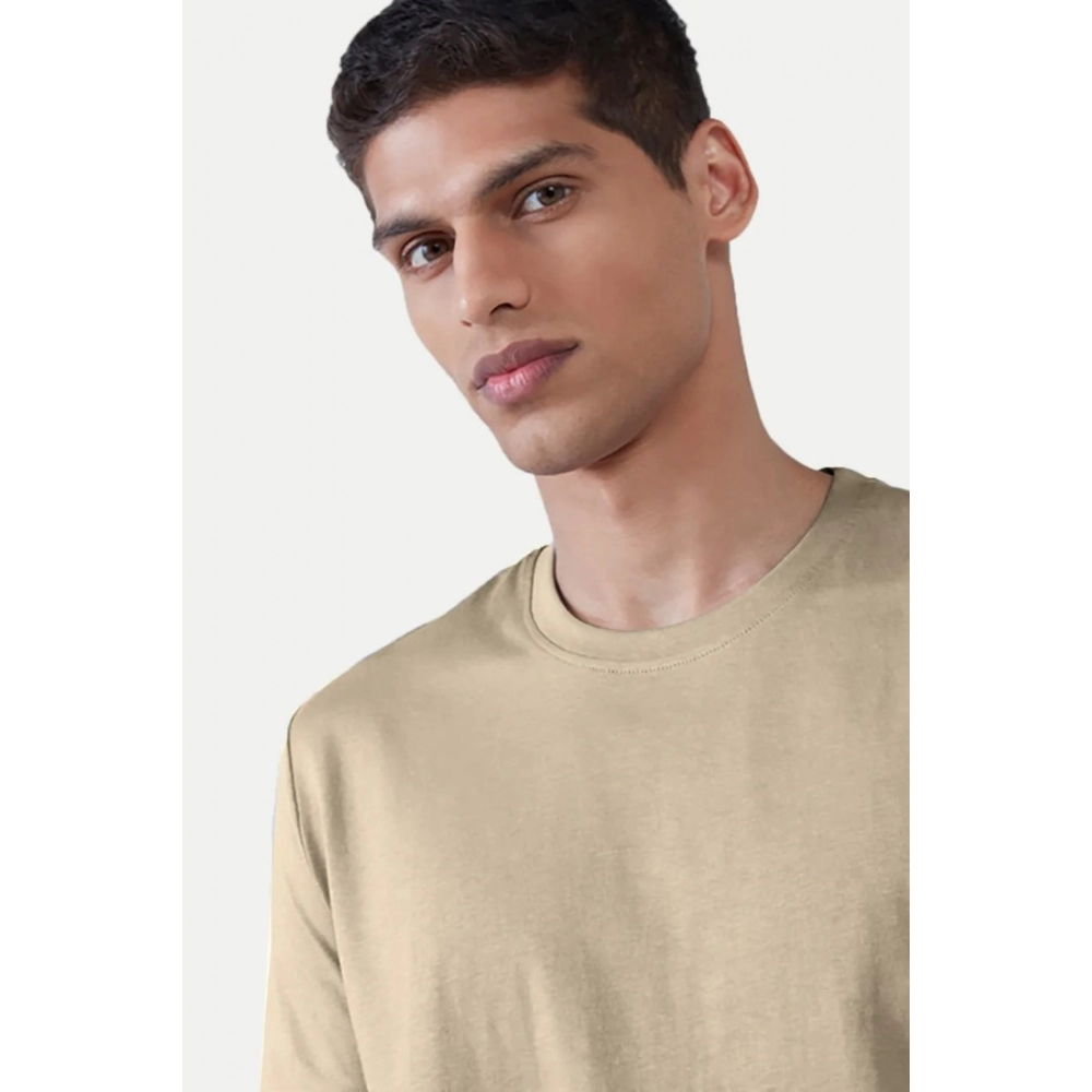 Men's Casual Half sleeve Solid Polyester Crew Neck T-shirt (Beige) - Image 5