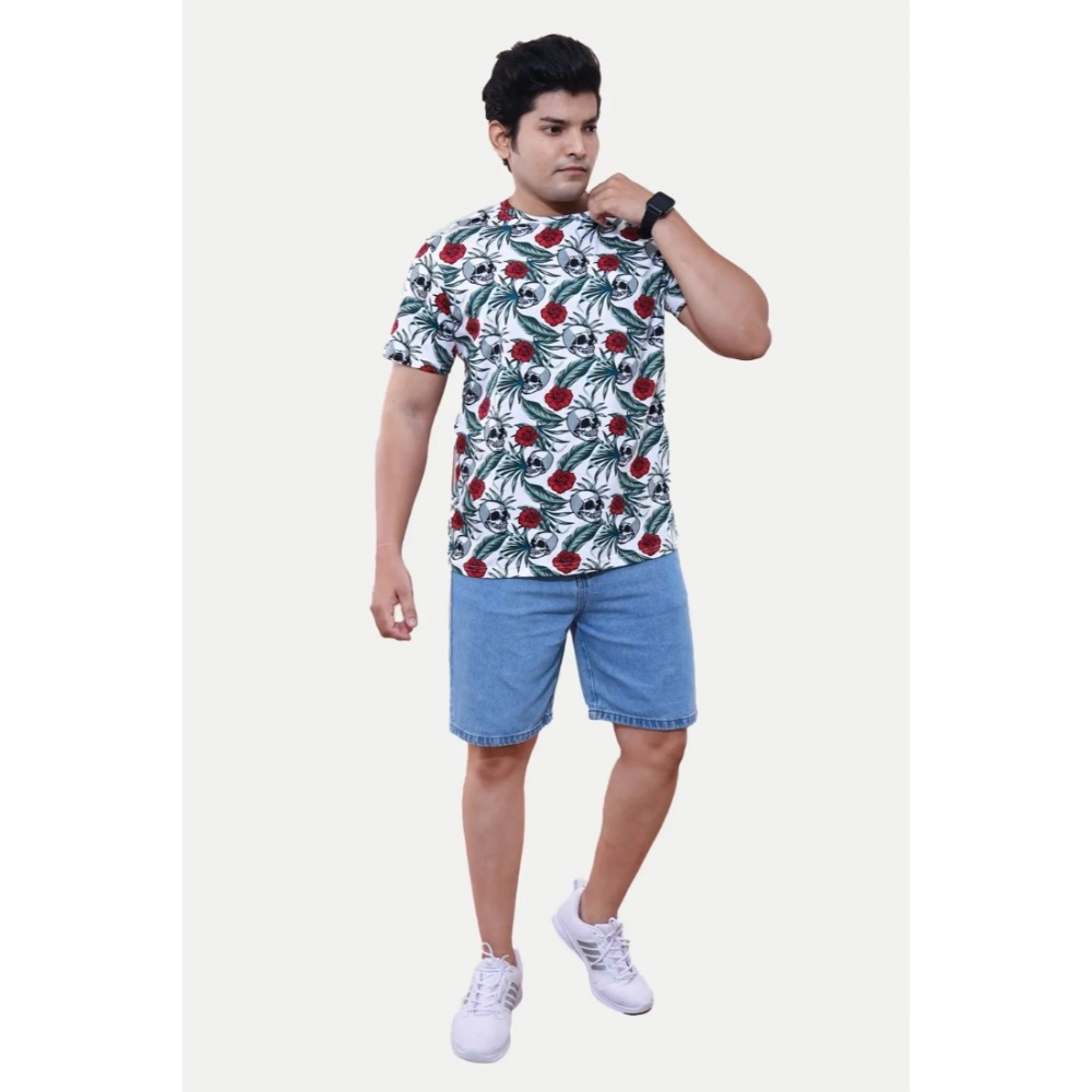 Men's?Casual Half sleeve Floral Printed Cotton Crew Neck T-shirt (White) - Image 3