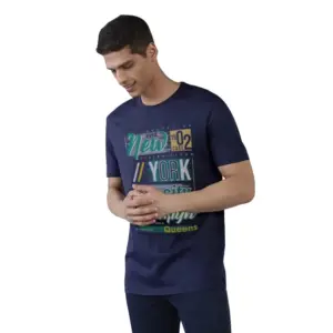 Men's?Casual Half sleeve Printed Polyester Crew Neck T-shirt (Navy)