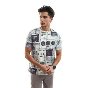 Men's?Casual Half sleeve Printed Polyester Crew Neck T-shirt (Cream)
